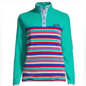 Lands' End Teal Striped Fleece Snap Neck Pullover sweater